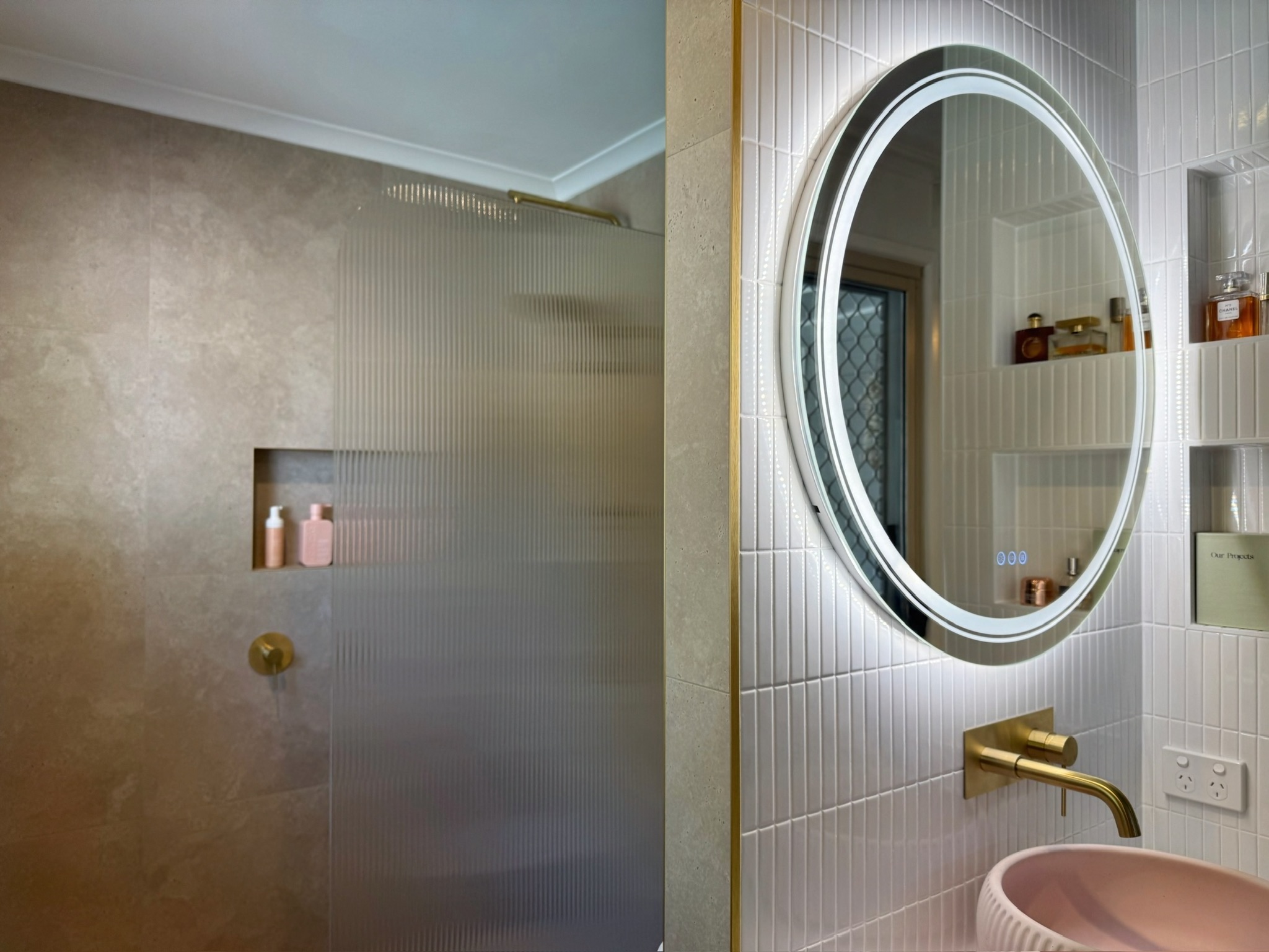 The Rose & Gold Bathroom — Stone-Look Porcelain & Finger Tile luxury bathroom by McMillan Tiling Projects